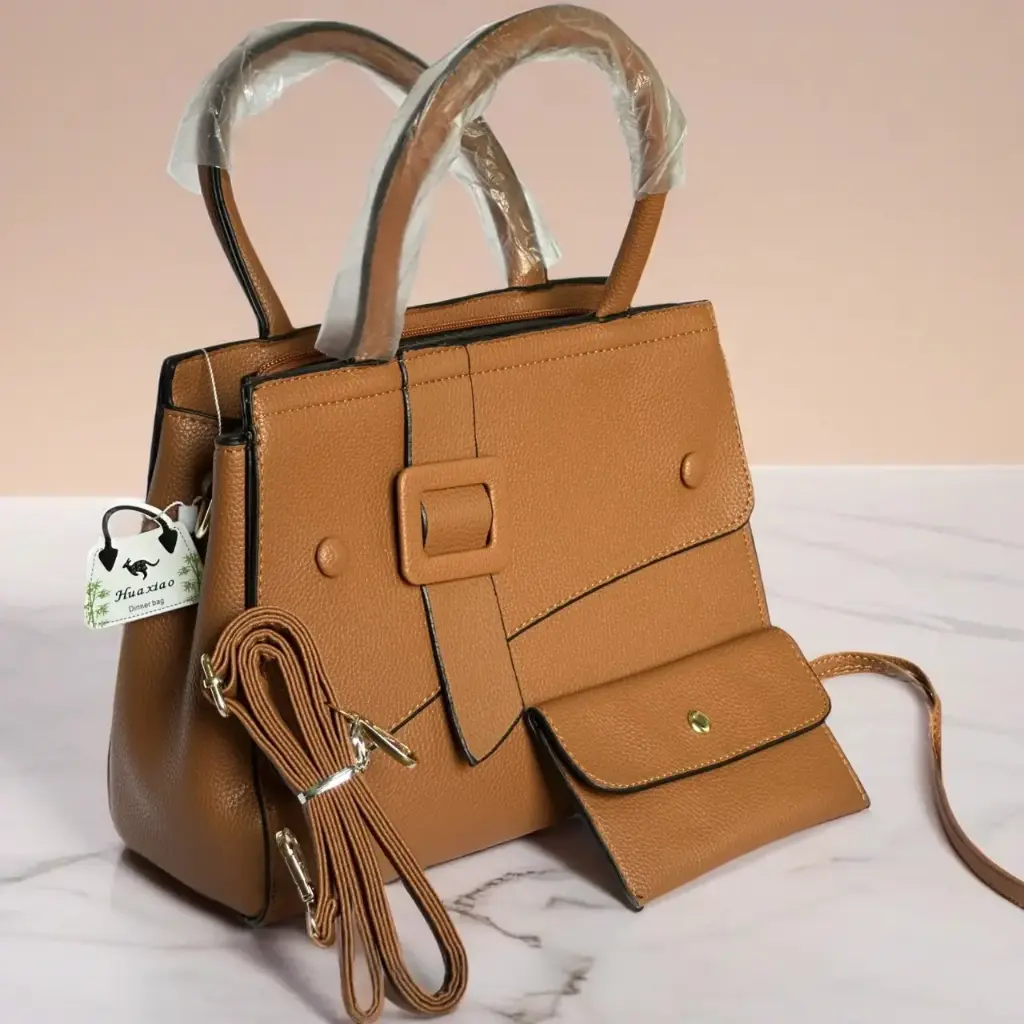 [2] Elegant Tan Leather Handbag Set with Pouch & Strap