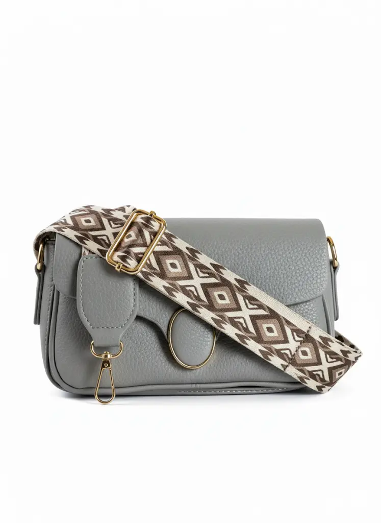 [1] Elegant Grey Sling Bag with Patterned Strap